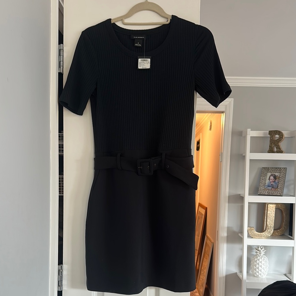 NWT Club Monaco Classic Black Belted Knit Dress with belt and pockets
